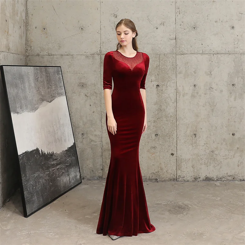 Evening Dresses Sexy O-neck Elastic Velvet Mermaid Prom Dress Floor Length in Stock Evening Gown With Sleeves