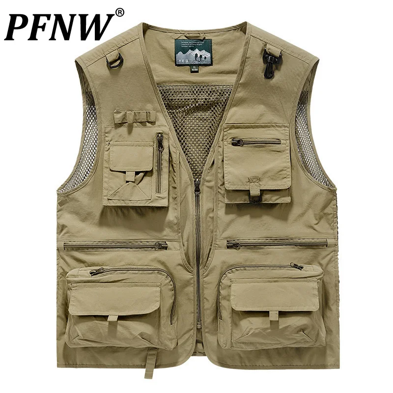 

PFNW Summer New Men's Fashion Safari Style Mesh Breathable Waistcoat Multi Pockets Darkwear Thin V-neck Solid Color Vest 12Z1341