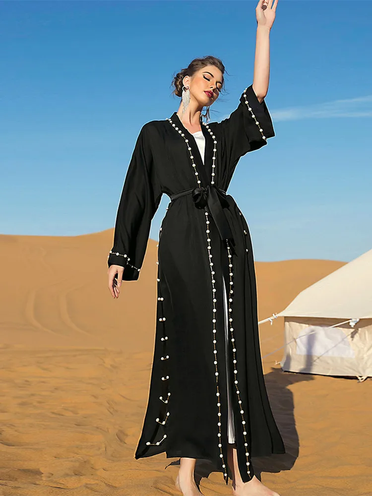 Рамадан Eid Djellaba Abaya Дубай мусульманское платье кимоно кардиган халаты жемчужные