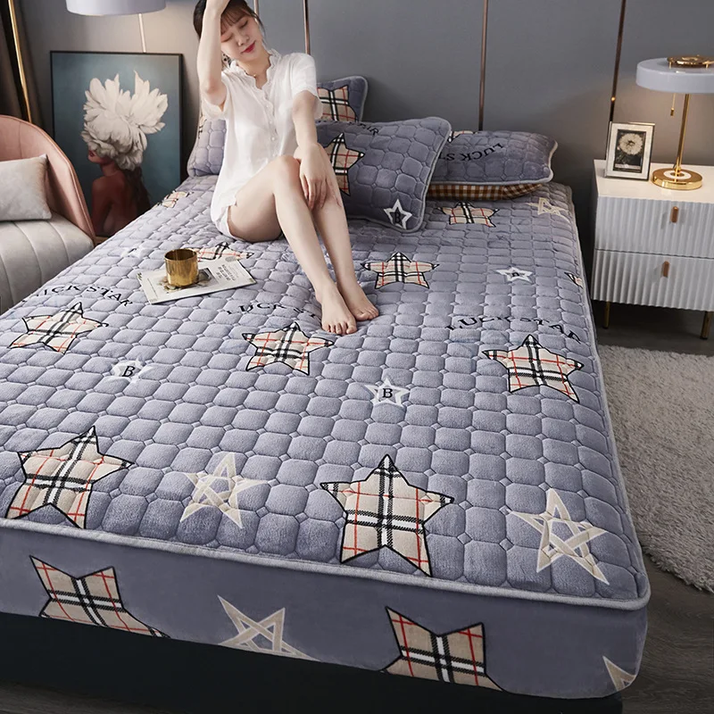 

Plush Queen Fitted Sheet Elastic Thick Grey Soft Bed Sheets Non-slip Luxury Bed Pad Mattress Covers