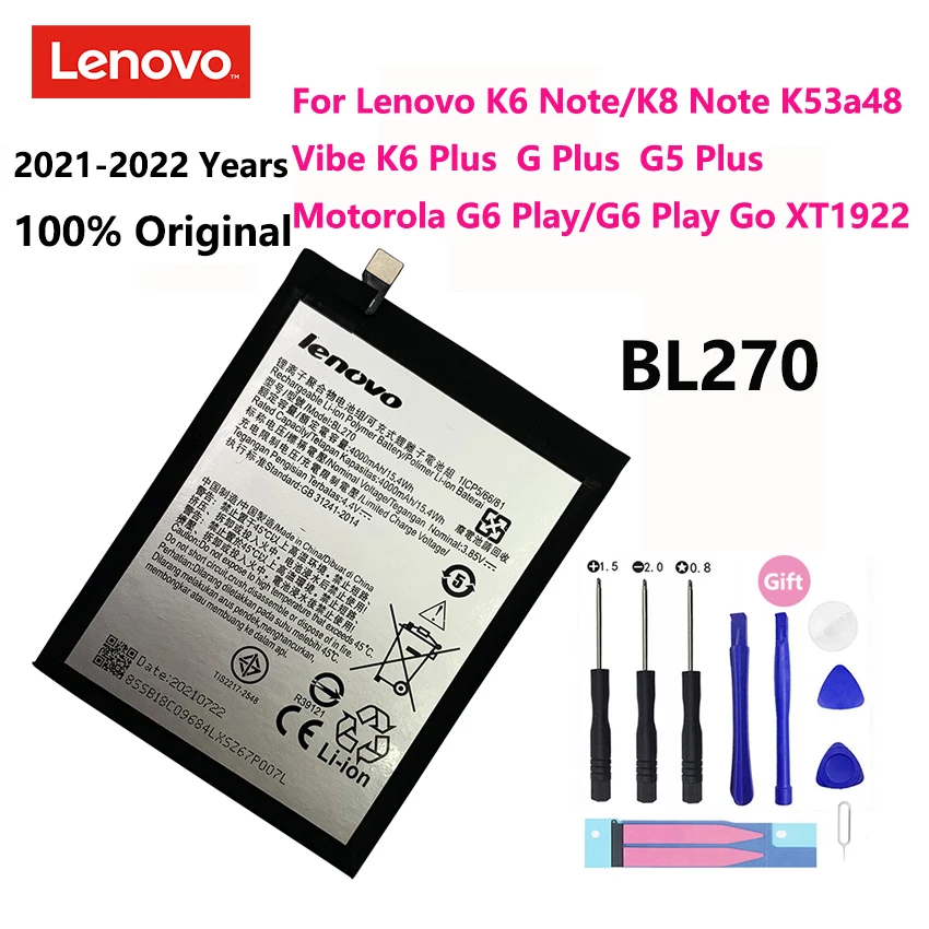 

100% Original For Lenovo K6 K8 Note K53a48 Vibe K6 G G5 Plus 4000mAh BL270 Battery For Motorola Moto G6 Play XT1922 Bateria