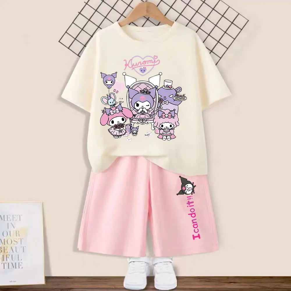 

Летняя детская футболка и шорты, комплекты Kawaii Sanrios Kuromi, хлопковая детская одежда, милая мультяшная Повседневная Спортивная одежда для мальчиков и девочек с аниме