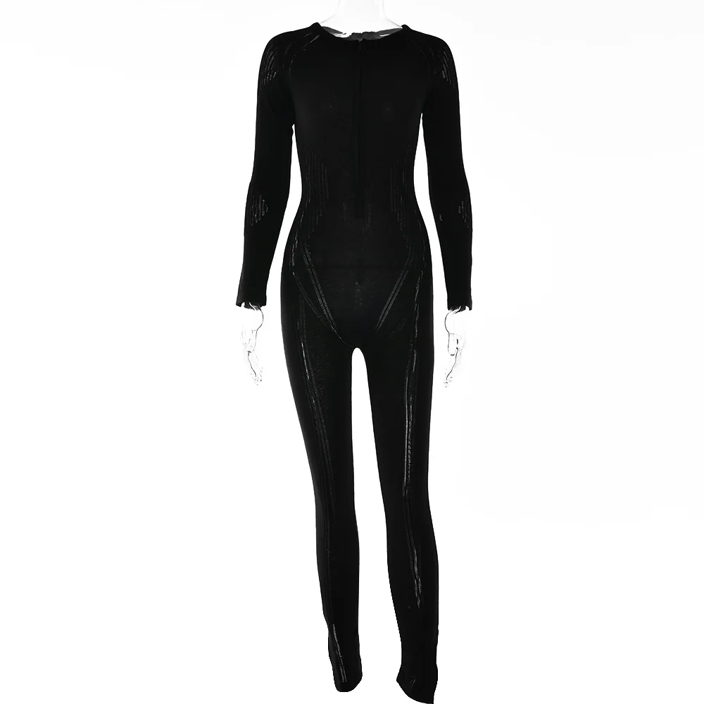 Fall Trend Fitness Sporty Jumpsuits Zipper Knit Skinny Hollow Chic Activity Solid Casual Streetwear Workout Overalls