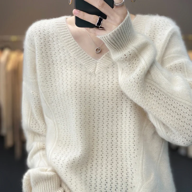 Autumn/Winter New 100% Pure Wool Sweater V-Neck Casual Solid Knitwear Pull Cashmere Women's Top Loose Hollow Thickened Pullove