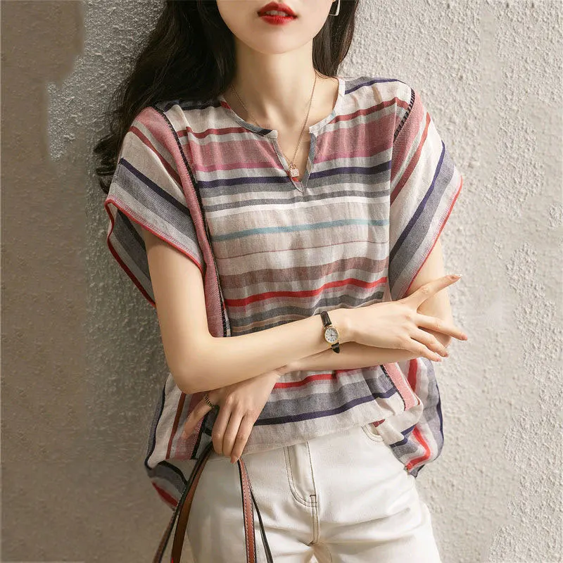 

Summer Style Women Short Sleeve Loose V-neck Tee Shirt Femme Tops All-matched Casual Cotton Linen Striped T-shirt Plus Size V428