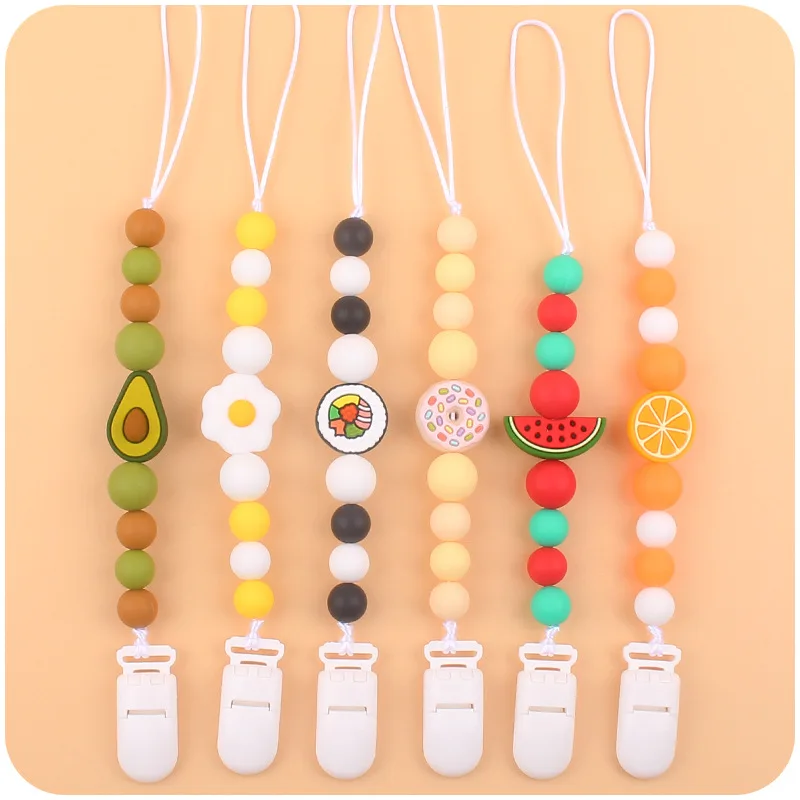1Pcs Colorful Baby Pacifier Clips Fruit Shape Food Grade Silicone Beads Nipple Holder for Infant Toddler Anti-drop Teether Chain