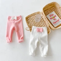 2022 autumn and winter new infant baby fleece lined thickened leggings solid color bowknot all match baby girl long pants
