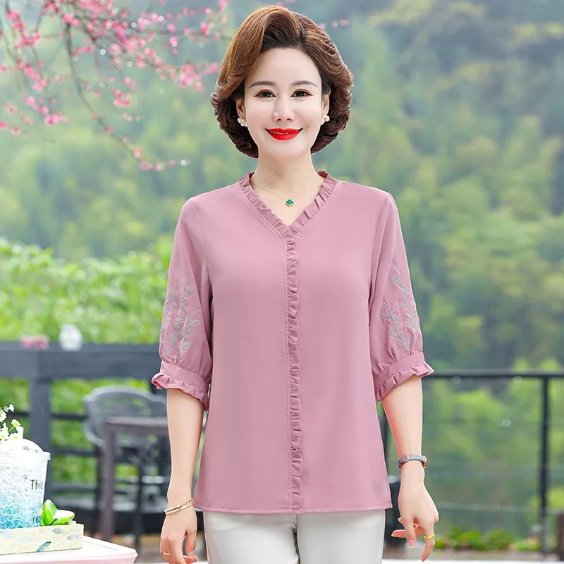 

Women Summer Shirts Lady Fashion Casual Half sleeve Agaric edge O-Neck Collar embroidery T-shirt Blusas Tops