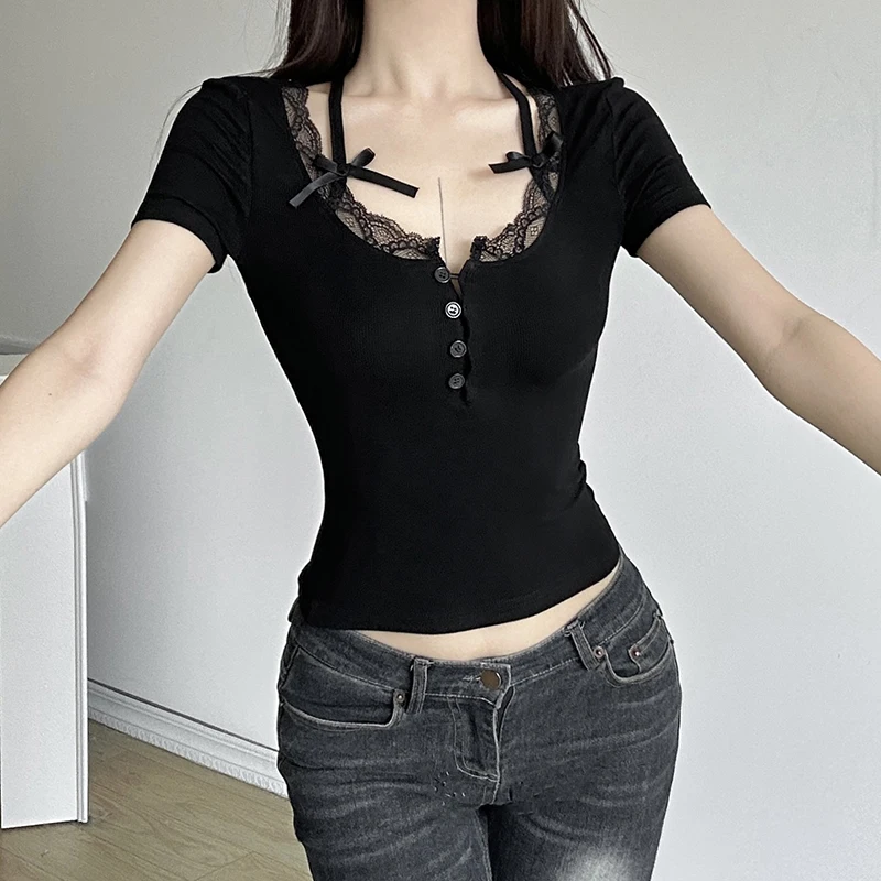 IAMHOTTY Корейский Стиль С Кружевной Отделкой И Полосками На Талии Короткий Топ