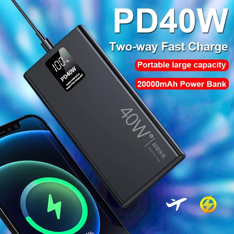 

NEW2023 40W Fast Charging Power Bank 20000mAh Portable Digital Display External Battery Built in Cables with Flashlight for ipho