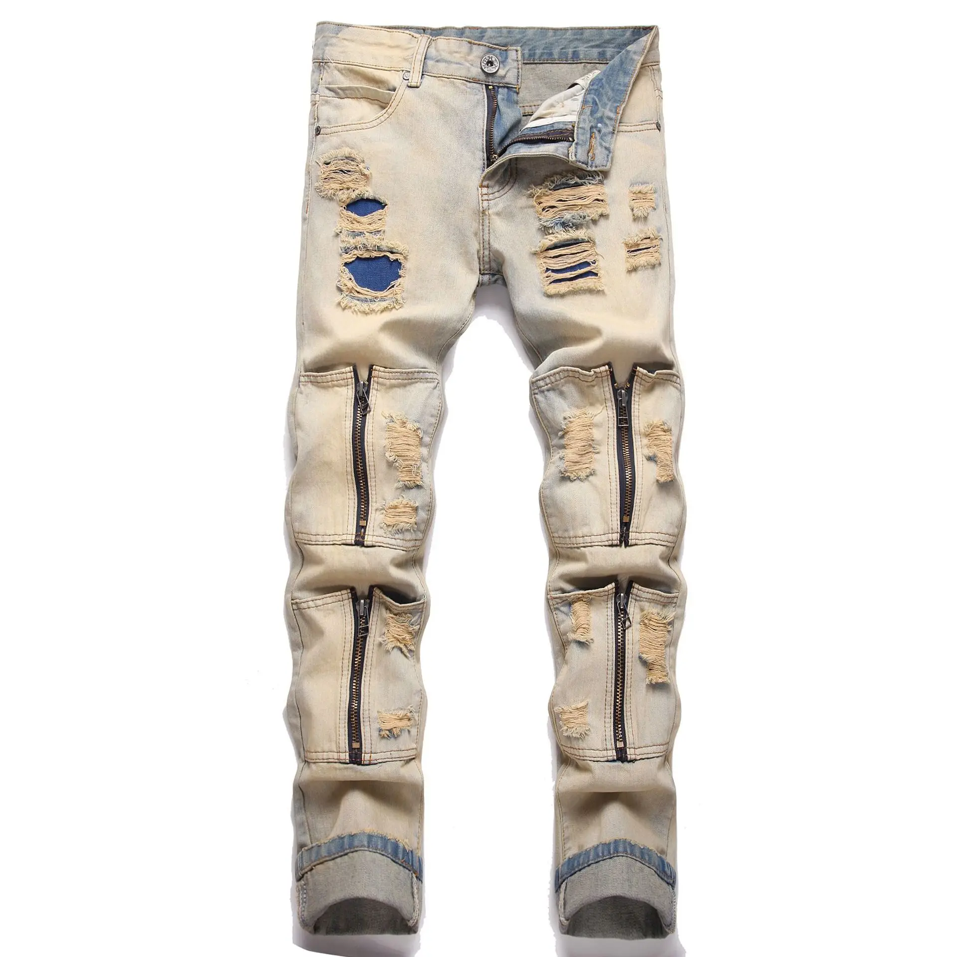 

2023 Spring New Listing Men's Cracked Patch Biker Jeans Streetwear Patchwork Stretch Denim Pants Holes Ripped Distressed Skinny