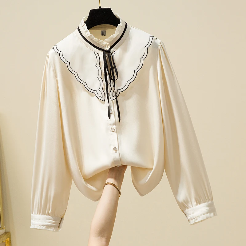 

2022 Spring Clothing Cutting Office Lady Stand Wood Ear Collar Chiffon Shirts Casual Women's Tops