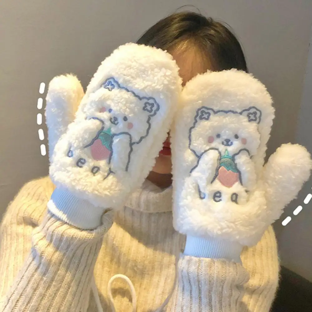 

2022 Females Korean Ins Bear Gloves Women's Girls Winter Kawaii Cute Bears Plush Fur Thick Riding Mittens Glove Keep Warm