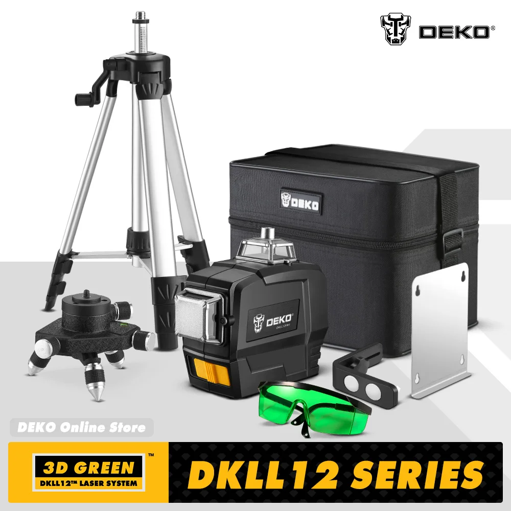 DEKO DC Series 3D 360 Degrees Rotary Self-leveling Laser Level Green Powerful Vertical Horizontal 12 Cross Lines Indoor/Outdoor