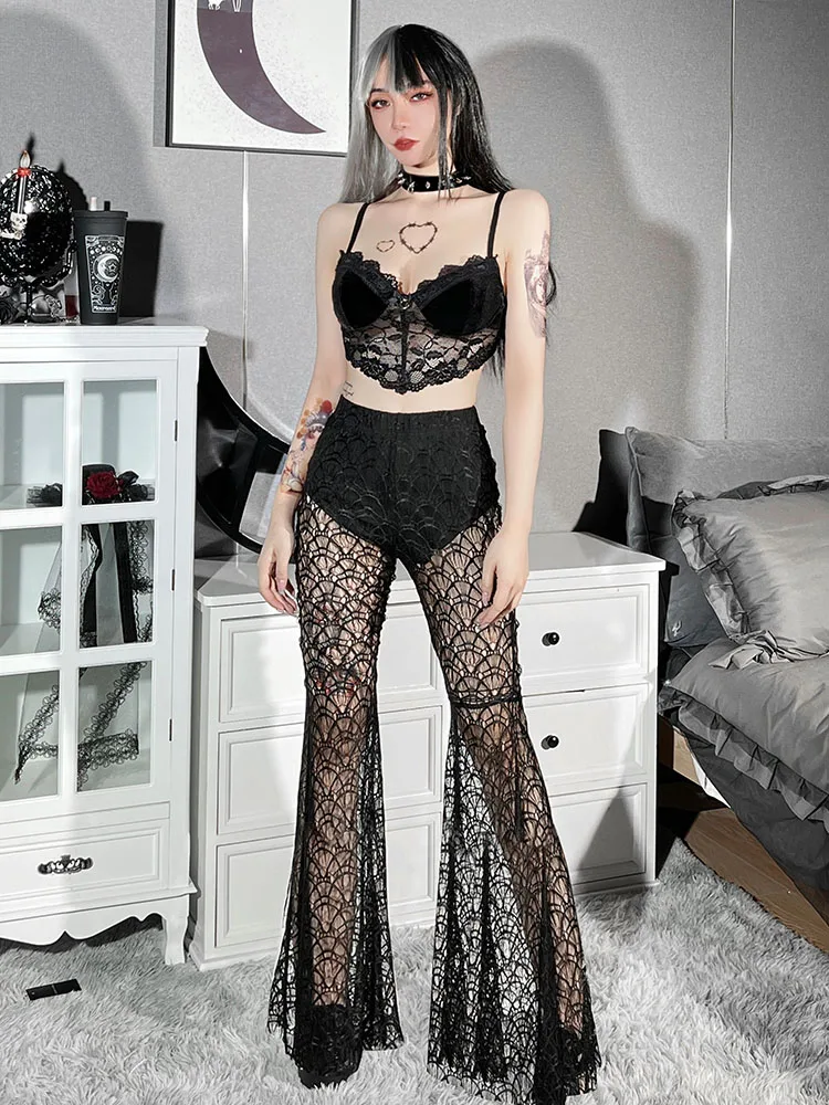 

Женские прозрачные сетчатые брюки Goth Dark, уличная одежда в стиле панк, пикантные свободные длинные брюки с высокой талией, 2022