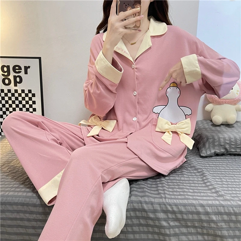 

Spring And Autumn Pajama Women's Cardigan Casual Sweet Cute Ladies Pink Long Sleeve Cartoon Duck Loungewear Set