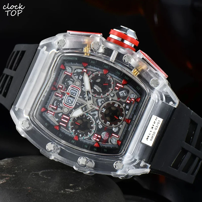 

Luxury Men Quartz Watch Military Skeleton Hollow Transparent Case Wristwatch Analog Clock Male Rubber Band Man Relogio Masculino