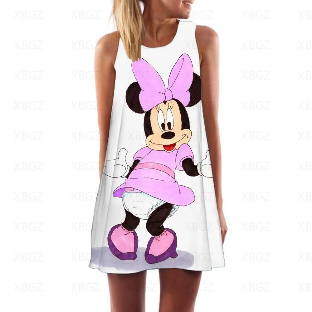 

Dresses for Women 2022 Minnie Mouse Mini Dress Summer Woman Cool Women's Sexy Beach Disney Sleeveless Boho Print Fashion Loose