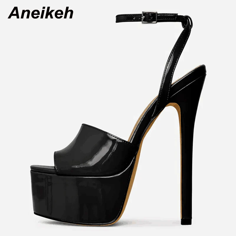 

Новые сексуальные черные туфли Aneikeh из лакированной кожи на тонком высоком каблуке, женские летние туфли на платформе, сандалии с открытым н...