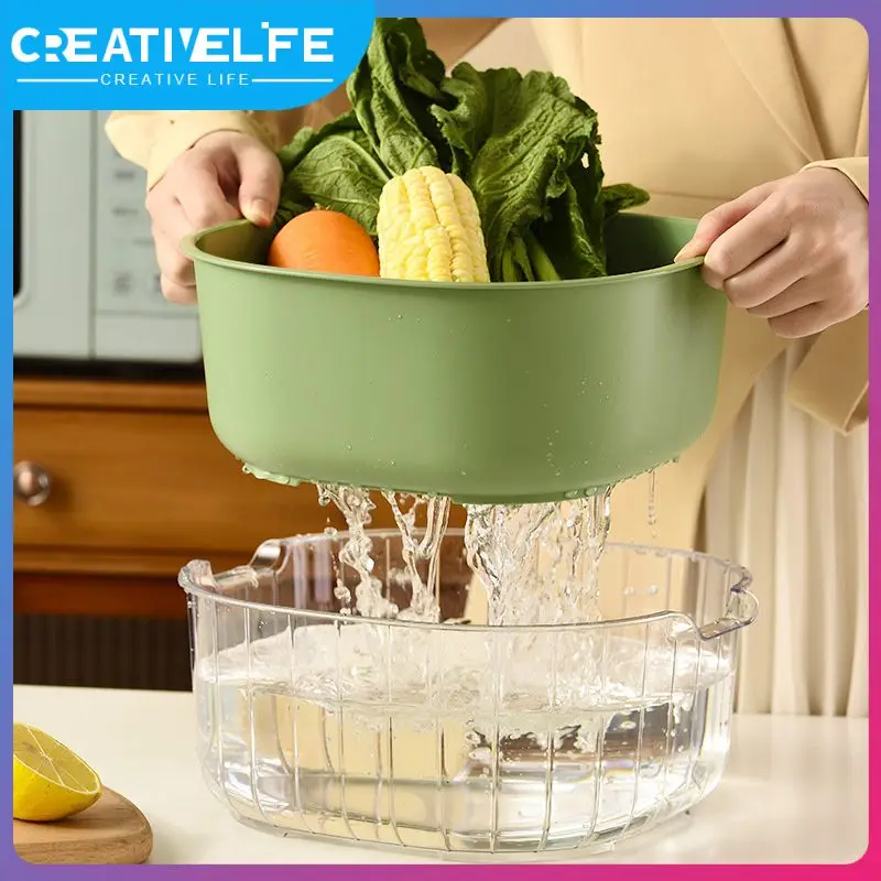 

Binaural Handle Rice Washing Basket Double-layer Plastic Vegetable Washing Basin Transparent Fruit Basket. Home Storage Square