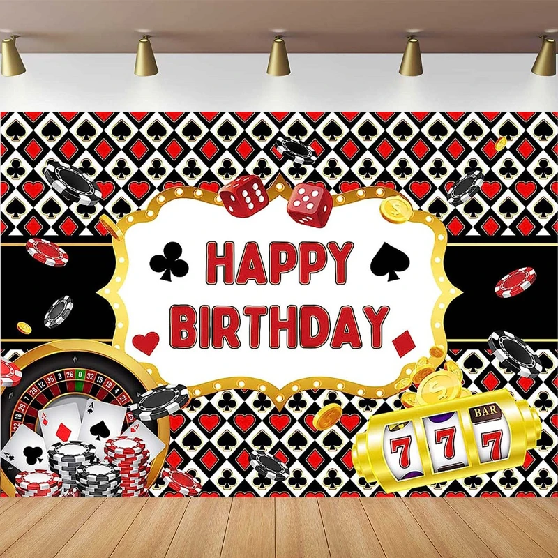 

Casino Night Theme Photography Backdrop Las Vegas Casino Poker Dice Birthday Party Decor Red and Black Casino Chips Background