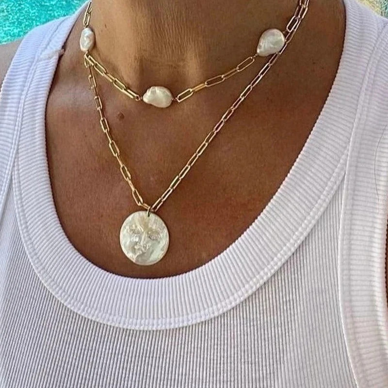 

Цепочка с круглым кулоном из натуральной ракушки, Золотая цепь из нержавеющей стали с барочным жемчугом, Микс, роскошное модное Ювелирное Украшение для женщин