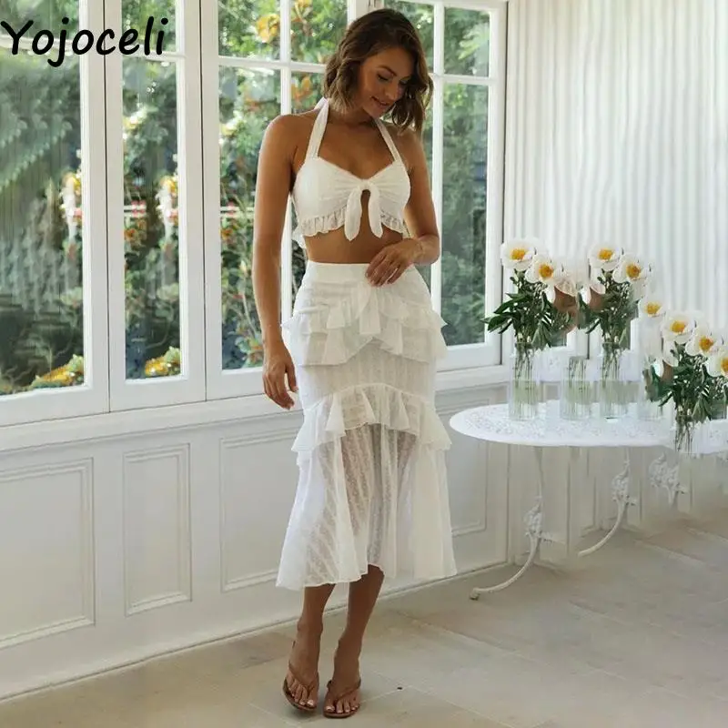 

Yojoceli Summer women jacquard chiffon dress 2 piece set Beach casual halter bow ruffle midi dress Cool sleeveless white dress