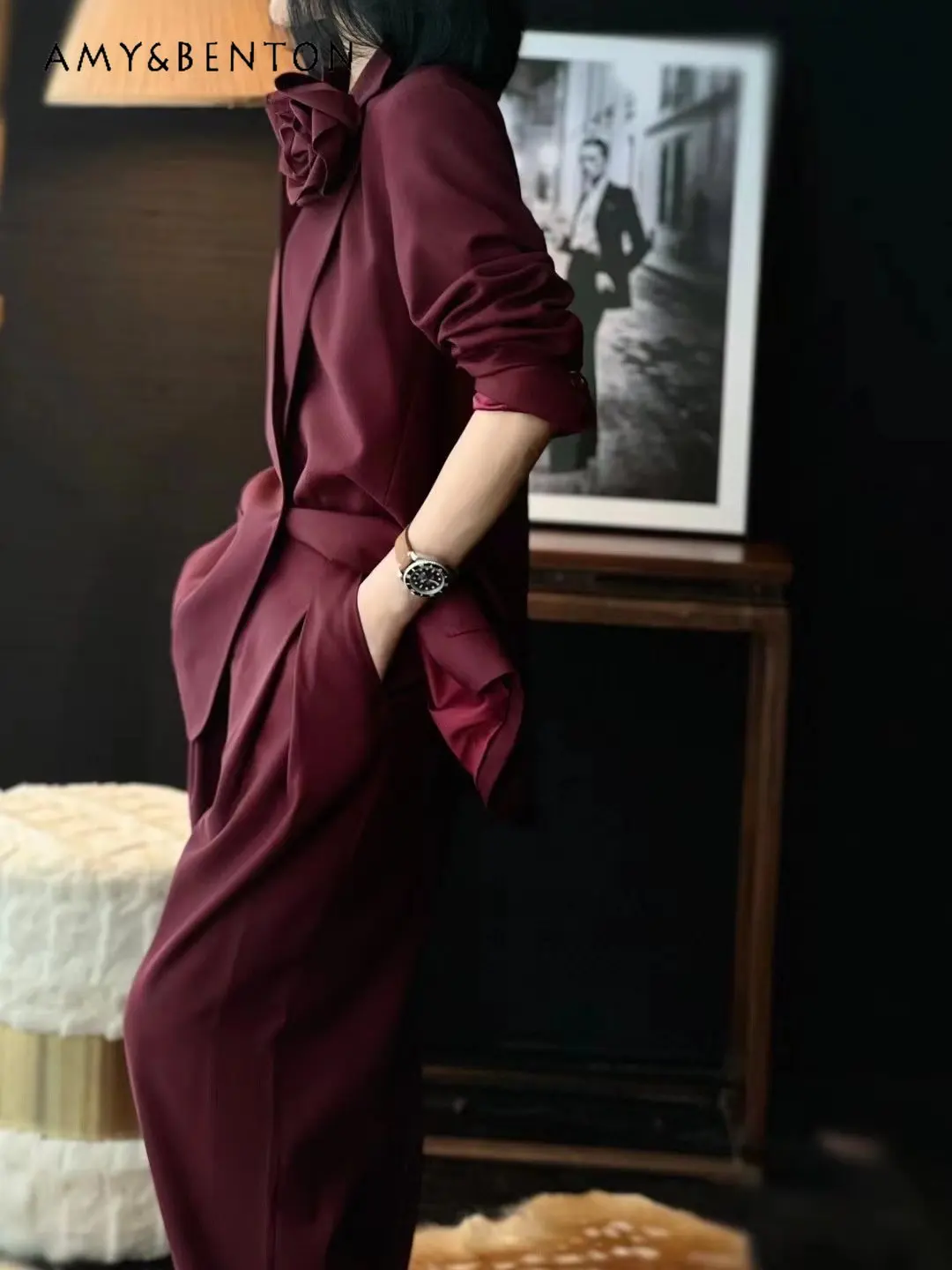 

Женский костюм-двойка с цветочным принтом, свободный пиджак с широкими штанинами