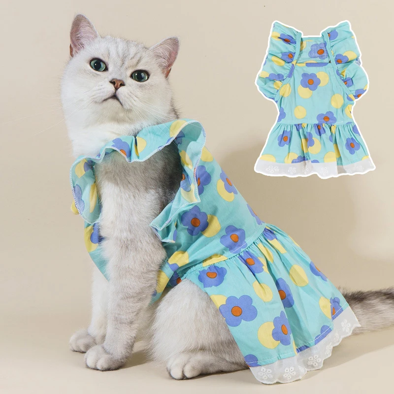 

Sweet Pet Flower Skirt Fresh Cat Skirt Summer Dog Clothes Floral Flying Sleeve Short Dress Thin Cat Vest Clothing For Cats New