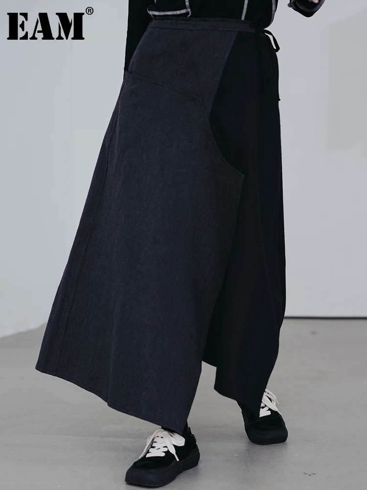

[EAM] High Waist Black Drawstring Woolen Long Irregular Half-body Skirt Women Fashion Tide New Spring Autumn 2023 1DF0711