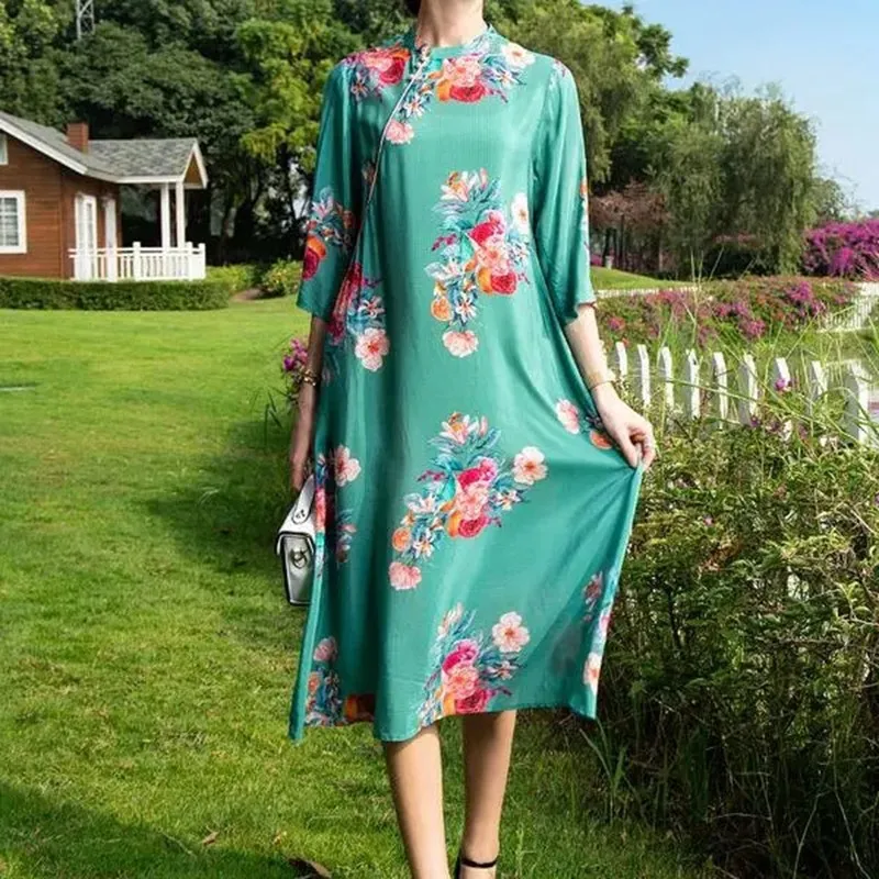 Женское длинное шелковое платье-Ципао элегантное свободное зеленое