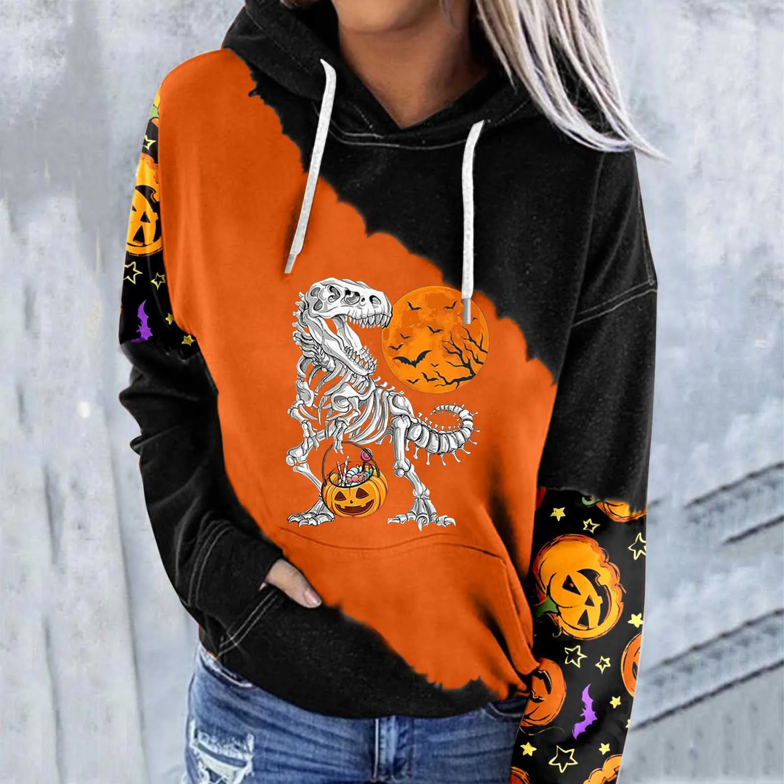 

Women Casual Hoodie Halloween Print Colorblock Sleeve Pocket Drawstring Hoodie Womens Long Sleeve Pullover