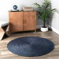 Jute Rug Blue Round  Natural Reversible 3x3 Feet Braided Style Rustic Look Home Decoration Carpets for Living Room