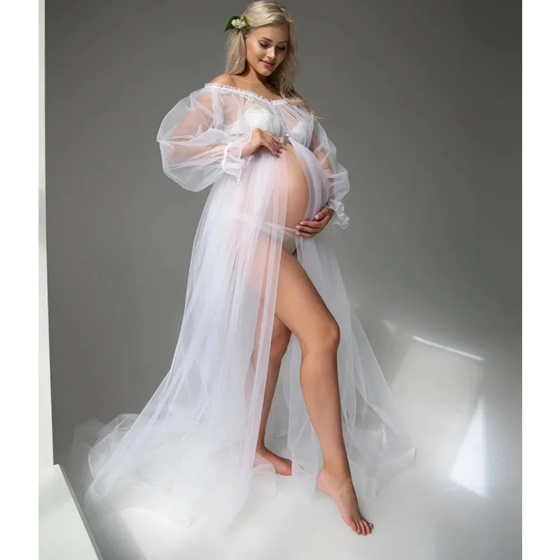 

Cheap Sexy Maternity Gowns Photography Long Sleeves Front Split A Line Sweep Train Tulle Women Maternity Dress for Photo Shoot