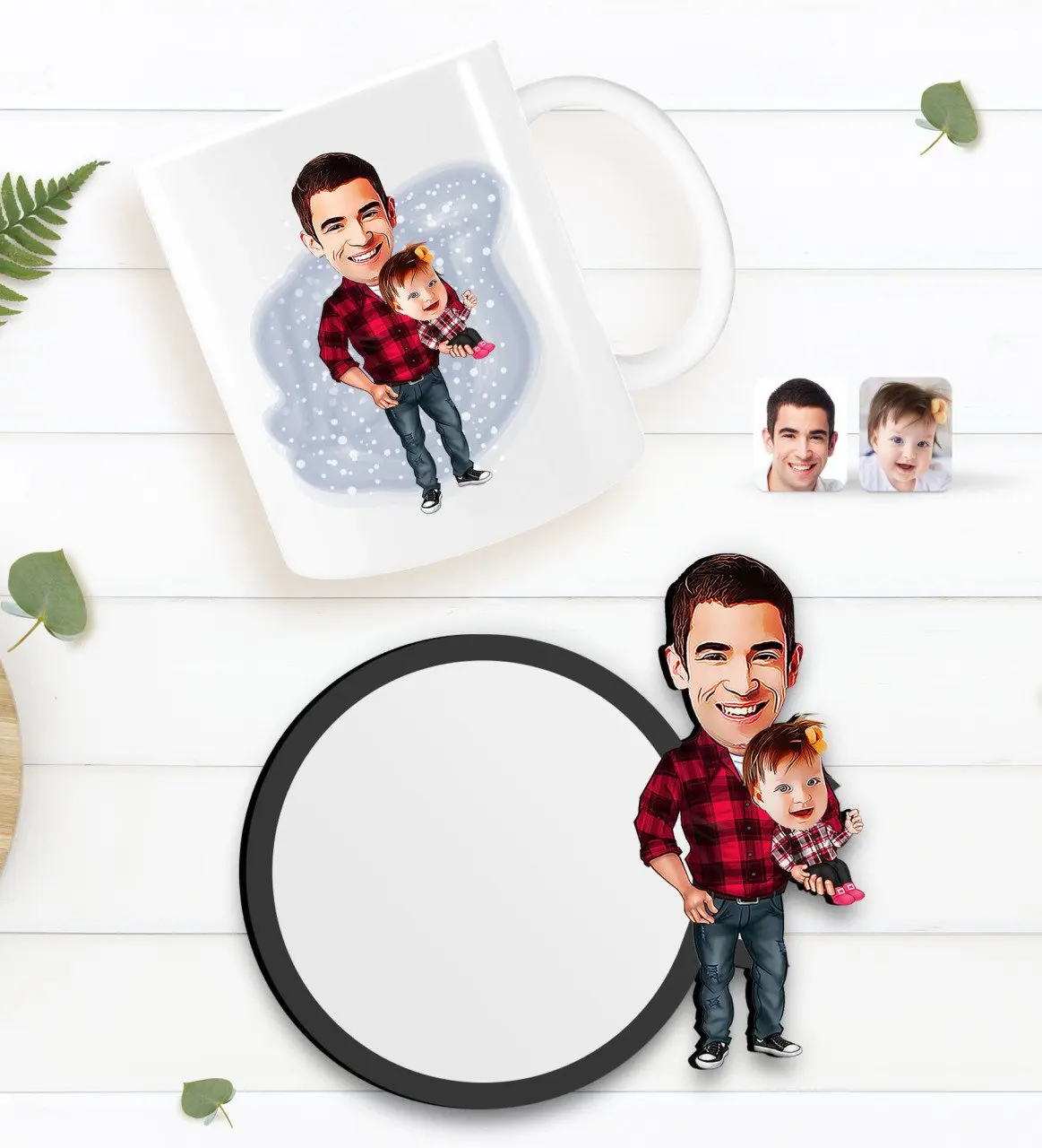 

Персонализированная карикатура Папа Девушка белая кружка и деревянные подставки в подарок фотография