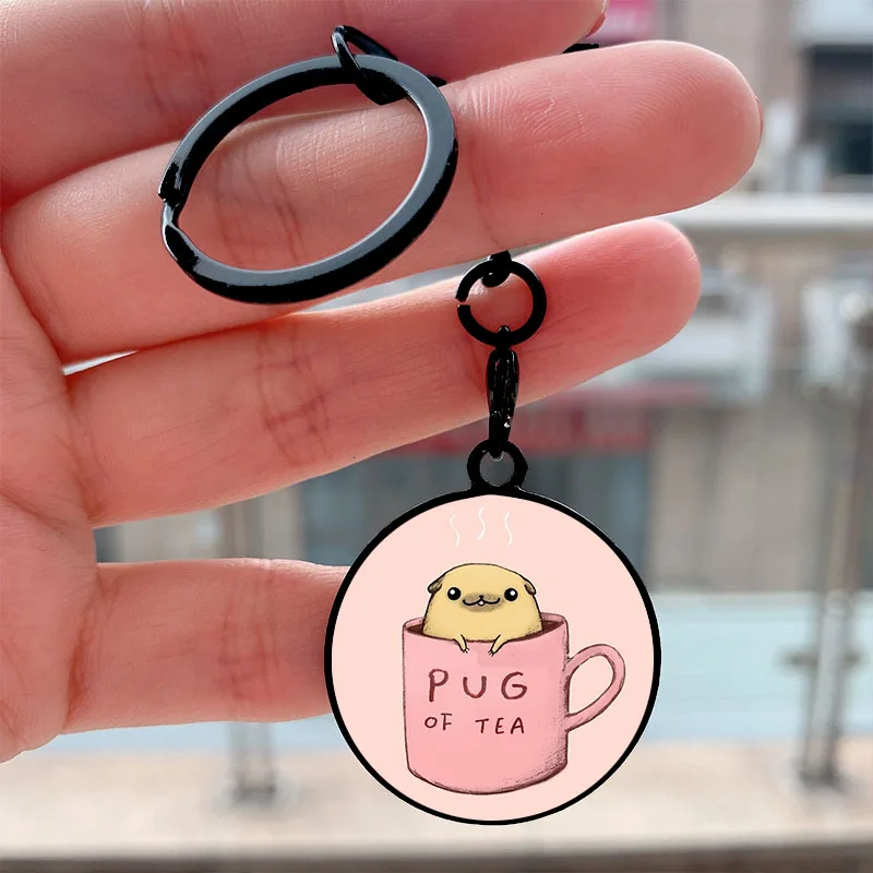 

Fashion Pug of Tea Cool Key Tag Motorcycles Cars Backpack Chaveiro Keychain For Friends Key Ring Gifts Accessories
