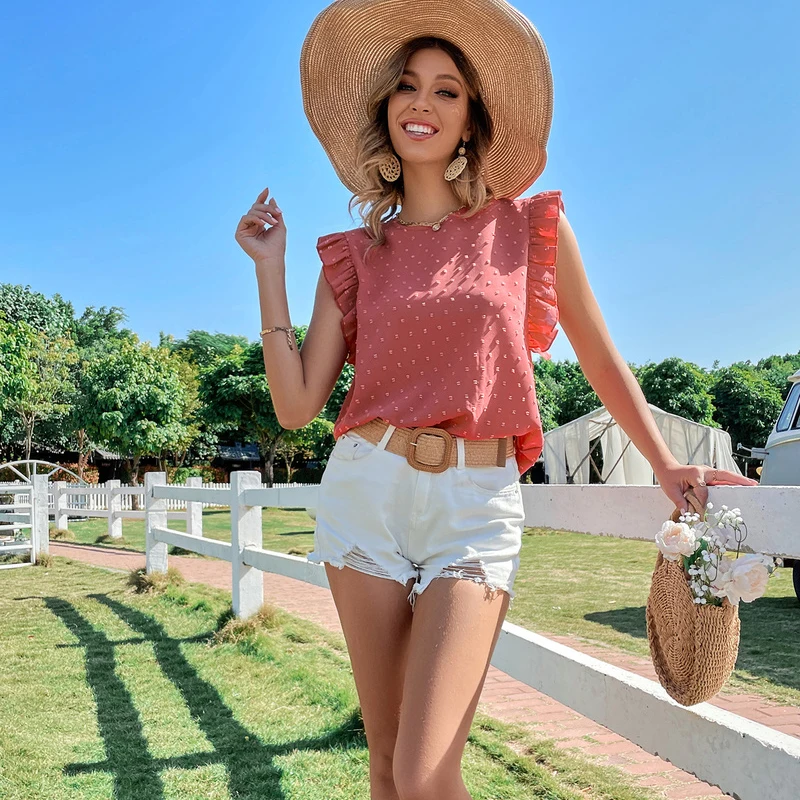 Sweet Women Shirts Casual Loose Summer Burgundy Short Sleeve Tops Fashion Dot Print Chiffon Blouse Round Collar Clothes 21692 images - 6