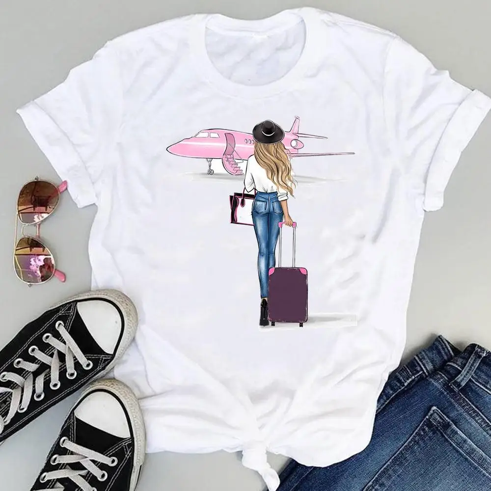 

Women T shirt Cartoon Travel Holiday Short Sleeve Printing Graphic Summer Fashion Kawaii Clothes Tops Tees Tshirt Ladies T-Shirt