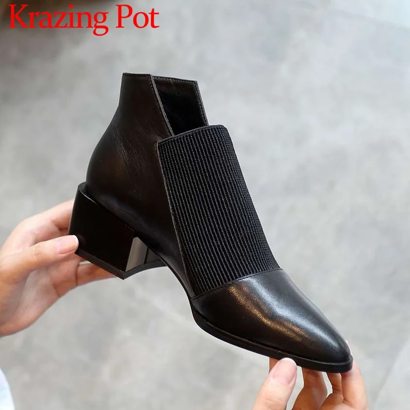 

Popular chelsea boots solid classic oxford pointed toe slip on soft genuine leather spring shoes brand concise ankle boots L83