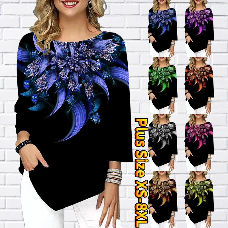 

New Design Printing Three Quarter Sleeve Summer Women Loose Size Tops Fashion Elegant Top Round Collar Irregular Hem Pullover