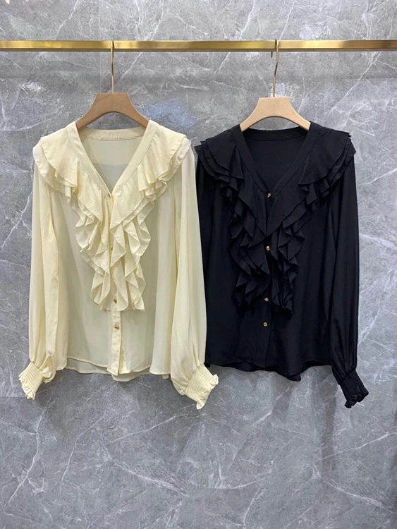 

2022 new women Fashion Long Sleeve Ruffle Solid Silk Top Shirt 303