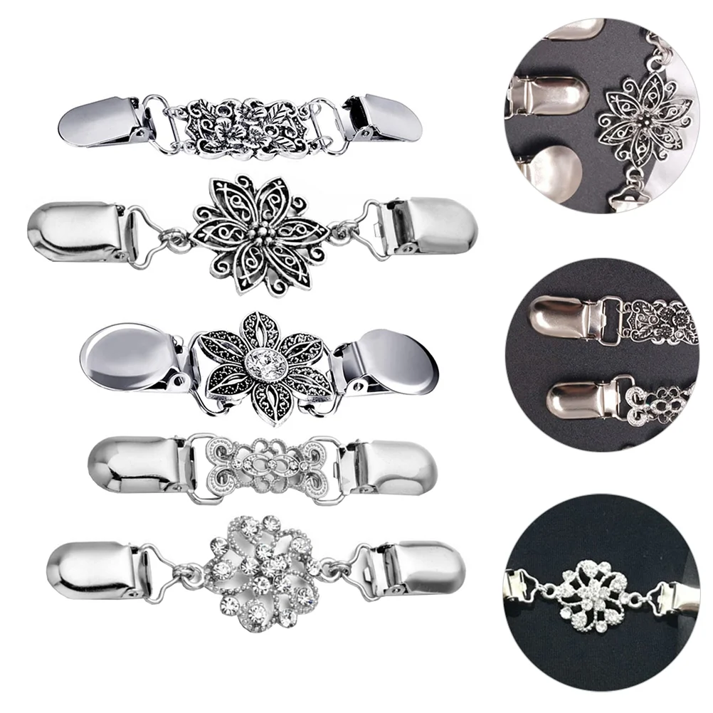 

5Pcs Retro Cardigan Sweater Collar Clip Flowers Shawl Clips for Women