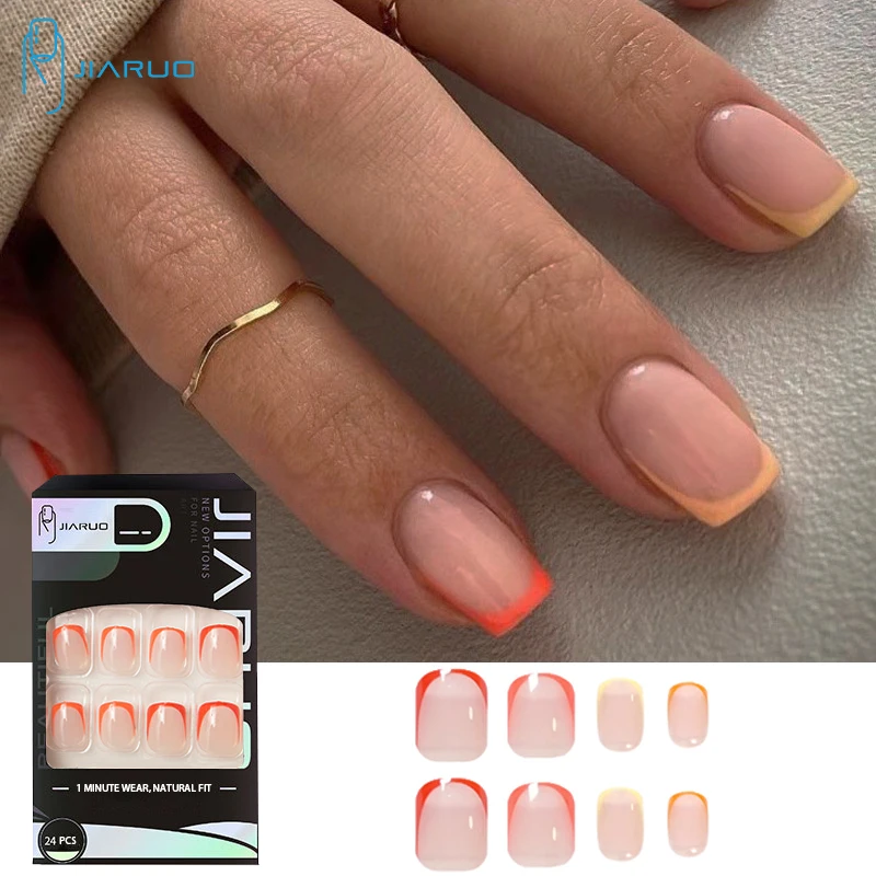 

JIARUO 24 шт./коркор. Короткие квадратные нажимные ногти искусственные ногти Y2k французская серия накладки для ногтей Радужный цвет мини ногтей ...