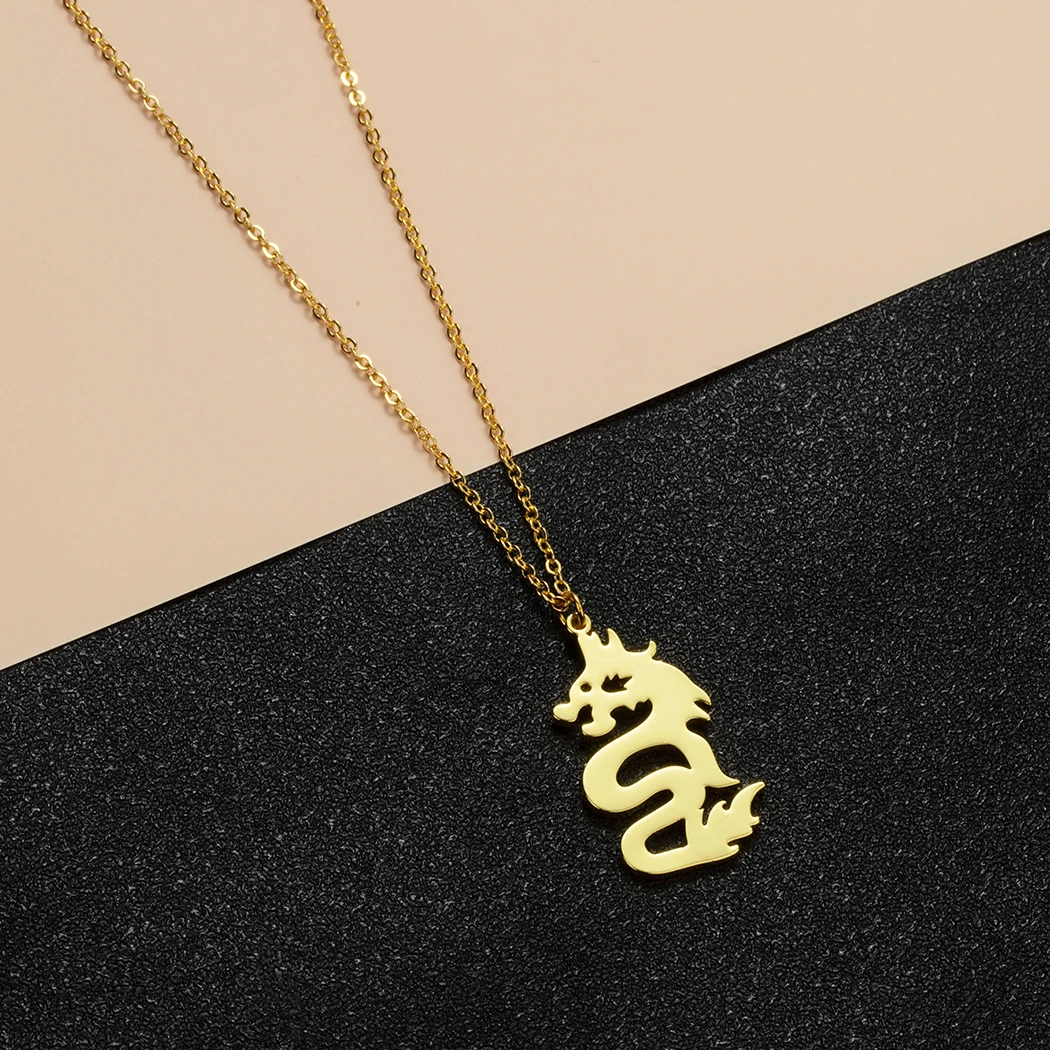 Chereda Stainless Steel Men Dragon Necklace Mythical Dragon Silhouette Shaped Pendant Necklace In Gold  Handmade Animal Jewelry images - 6