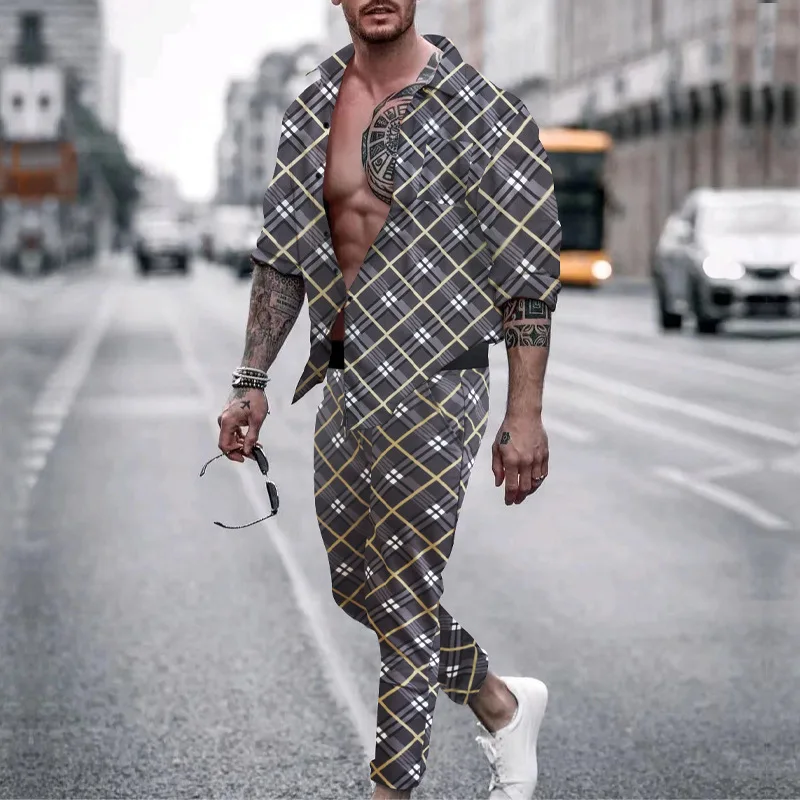 

Autumn Winter Long Sleeve Lapel Button Shirt Tops + Long Slim Pants Tracksuit Male Suit Fashion Men Plaid Print Two Piece Set