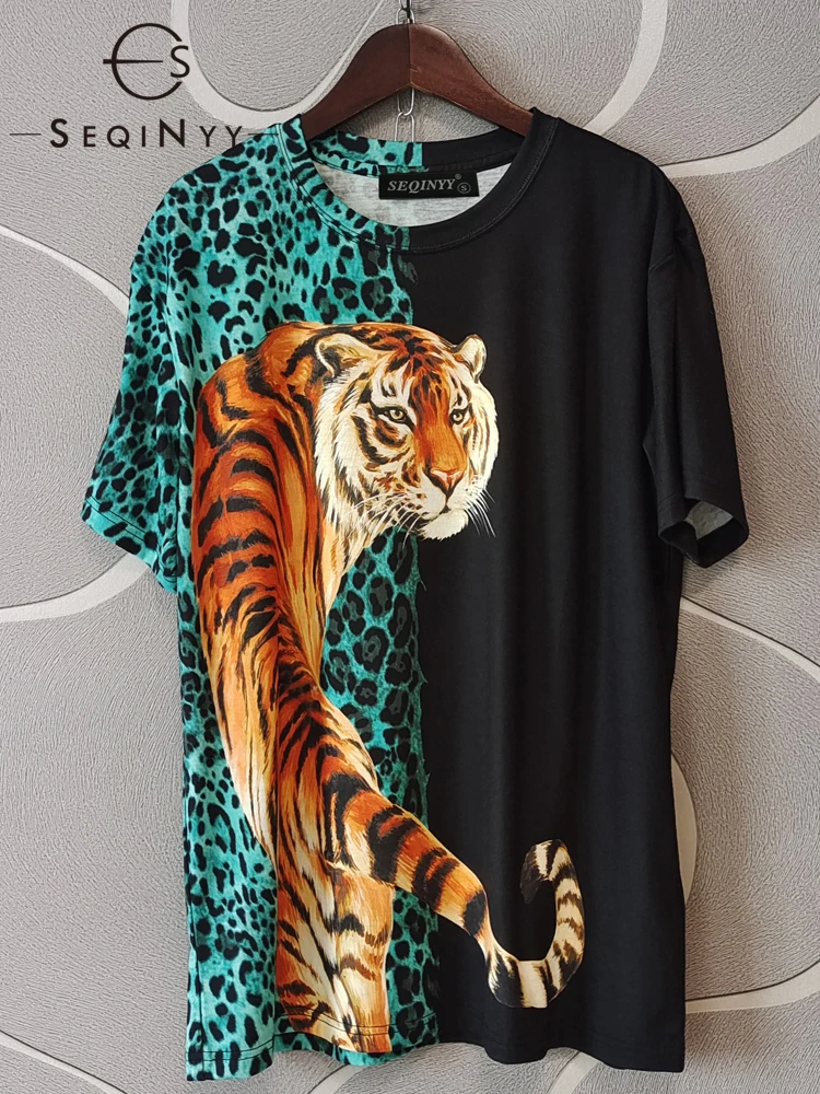 

Женская свободная футболка SEQINYY, черная Повседневная футболка с леопардовым принтом, летний или Весенний сезон