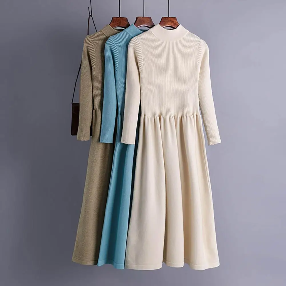 

Half High Collar Long Sleeve Ribbed Sweater Dress Elegant Waist Tight Pleated Large Hem Knitted Midi Dress Streetwear Vestidos