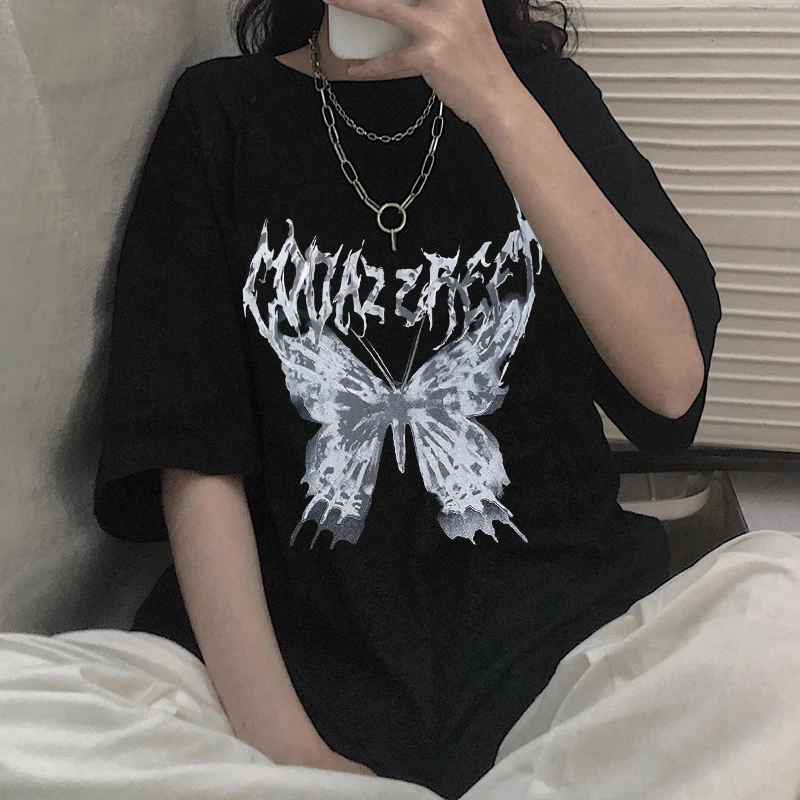 Купи Harajuku Womne T-shirts Punk Butterfly Dark Short Sleeve T-shirt Fashion Swag Aesthetics Unisex Y2k Clothes Tops 2022 Summer Tee за 149 рублей в магазине AliExpress
