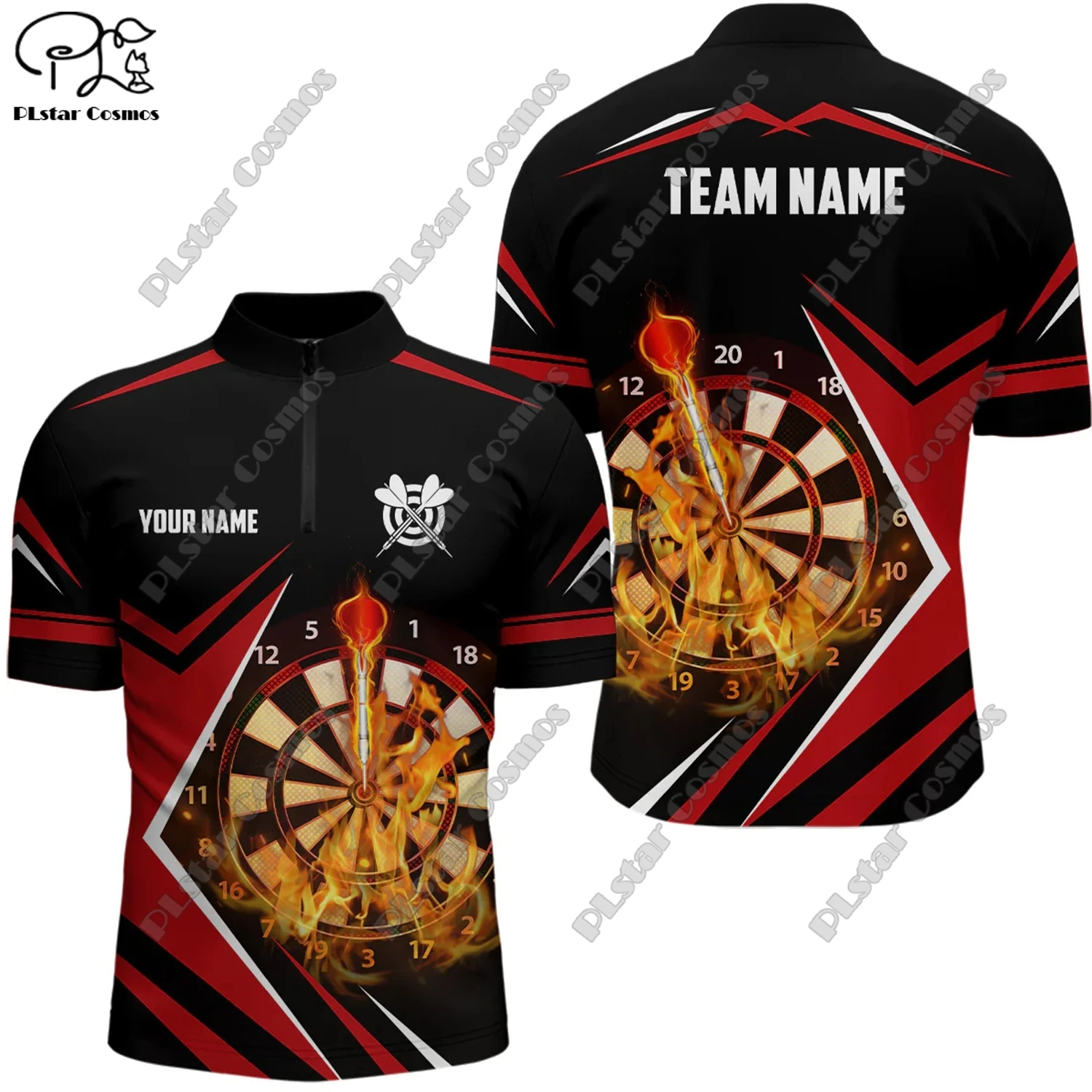 Новинка рубашка-поло унисекс с 3D-принтом пламени воротником-стойкой и молнией