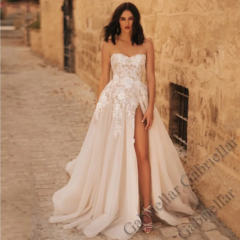 

Gabriellar Strapless Slit Wedding Dress Princess Buttons Exquisite Appliques Sleeveless Mopping Gown Vestido De Novia 2022 Women